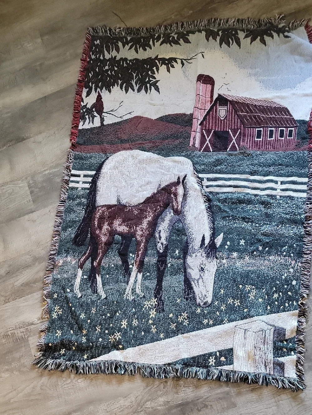 Vintage 90s Horse & Foal Farm Tapestry Throw - Green, Brown, White